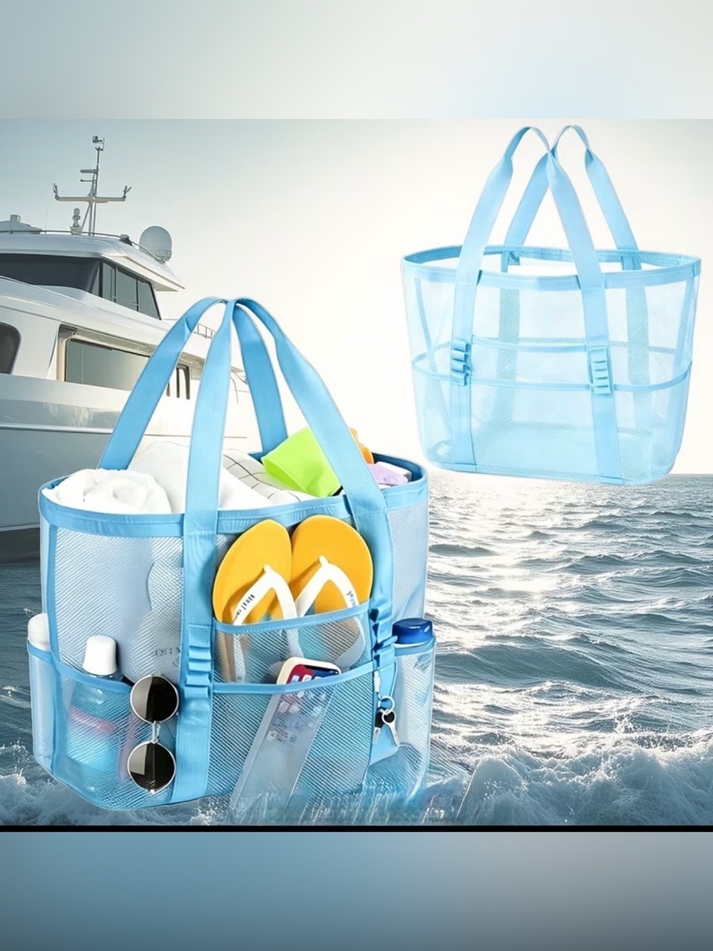 Sky Blue Beach Mesh Tote Bag with Multiple Pockets